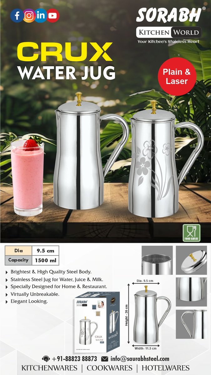 saurabhstee's tweet image. Jug Stainless Steel Strong And Durable Water Pitcher/Jug | Rust-Resistant | Ideal For Water Storage | Dishwasher Safe | Perfect For Home And Events, 1.5 Liter
WhatsApp No:-88823 88873
#stainlessteeljug #WaterPitcher #durable #jindalsteel #kitchenware #hotelware #longlasting