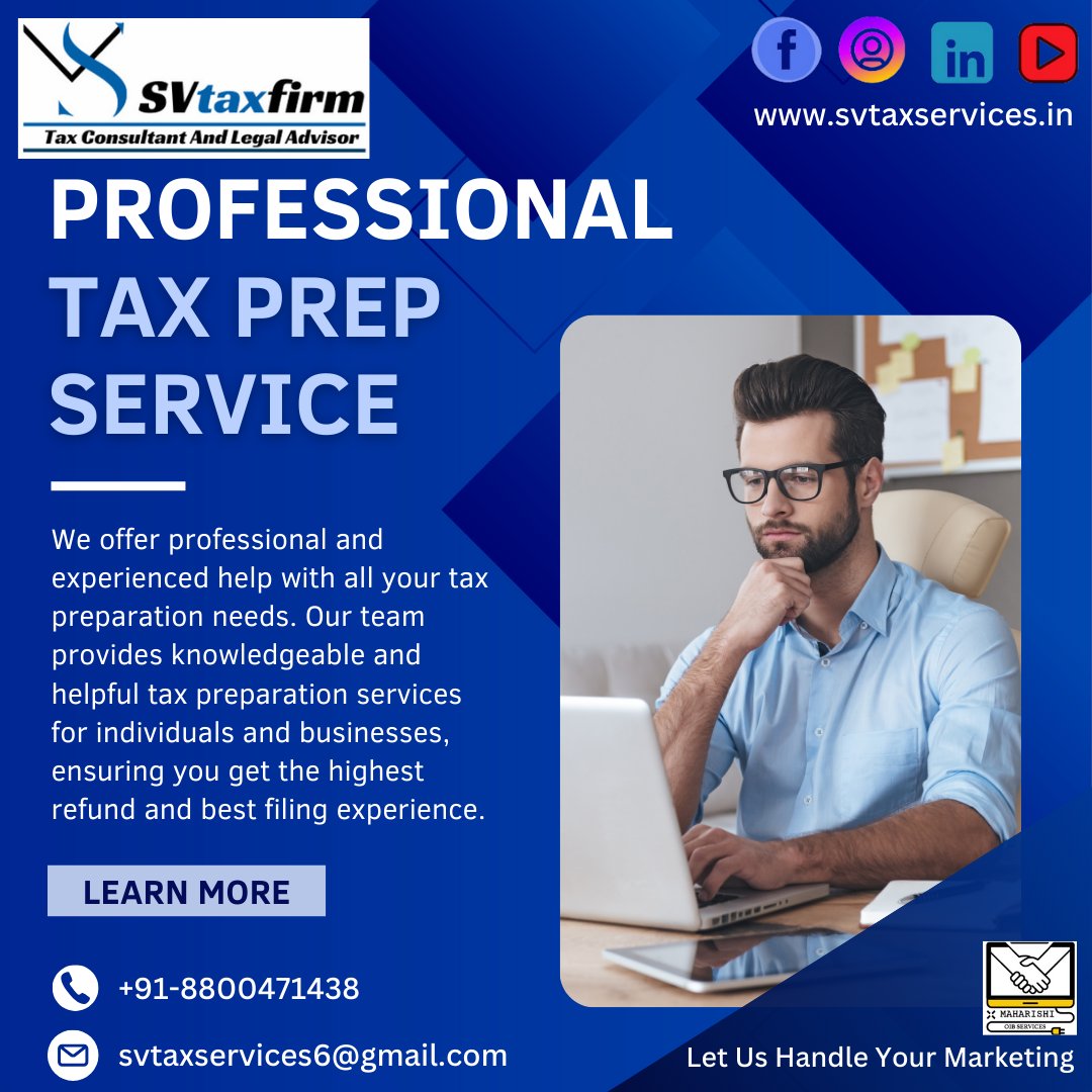 Svtaxservices's tweet photo. Take the stress out of tax preparation with SV Tax Firm! Trust us to handle your taxes with expertise and precision.

📞 Contact us at +91-8800471438
📧 svtaxservices6@gmail.com
🌐 https://t.co/e4xPGagZch

#taxprep #taxconsulting #ExpertGuidance #svtaxservices https://t.co/tPxPrQjoNt