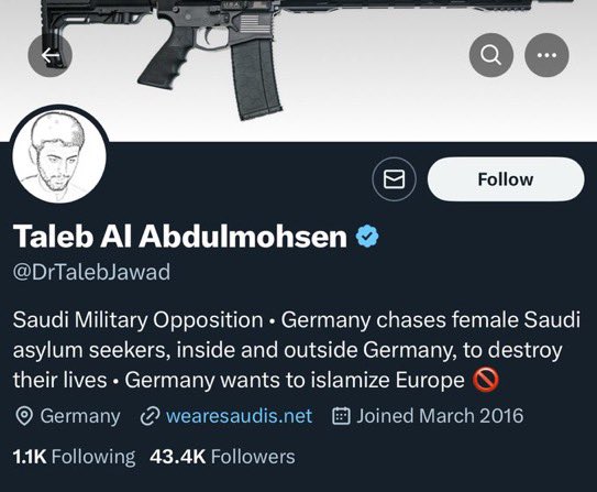 AdameMedia's tweet photo. BREAKING 🇩🇪

Terrørist responsible for ramming attack in Germany has been reportedly identified Talib Al-Abdulmohsen, a zionist atheist & Ex-Muslim, Saudi-born psychiatrist and activist, he lived in Germany since 2006. He is extremely Anti-Islam.

He proudly expresses his tendencies to “slaughter germans” on X.

He is wanted by Saudi Arabia on charges related to terrorism, smuggling girls from Saudi Arabia and the Gulf states to EU countries.

Germany has refused to extradite him to Saudi Arabia and granted him political asylum despite charges being brought against him.