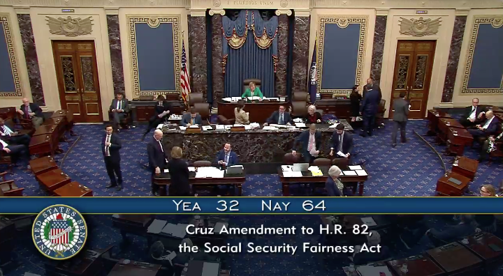 RepealWEP_NOW's tweet photo. Roll call vote on Cruz Amendment to H.R.82 
was 64 NAY - 32 Yea !
Amendment voted down!

#HR82 
#SocialSecurityFairnessAct 
#NoAmendments

https://t.co/AReMmYsYz5 https://t.co/NT75ZlSozC