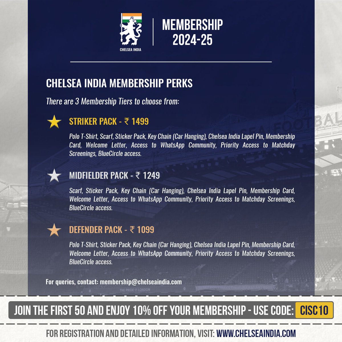 The Chelsea India Membership is now LIVE! 💙

Blues, choose from three exclusive memberships, each packed with exciting benefits tailored just for you. Don't miss out on being part of India’s Blue Army Family. 🇮🇳

Buy yours now at chelseaindia.com

#ChelseaIndia