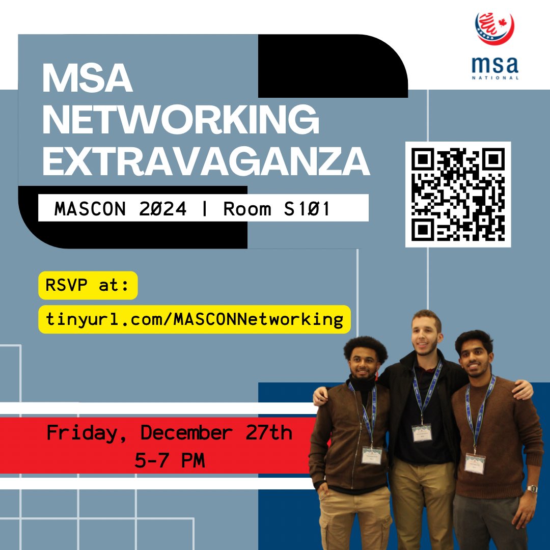 Join us and meet MSAs from all across the country along with your MSA National Board Members and Regional Directors — in Room S101 on Friday, December 27th from 5-7 PM at #MASCON !

Be sure to RSVP!

#MSA #muslim #muslimstudentassociation
#MSAnational #islam #MASICNA #mascon2024