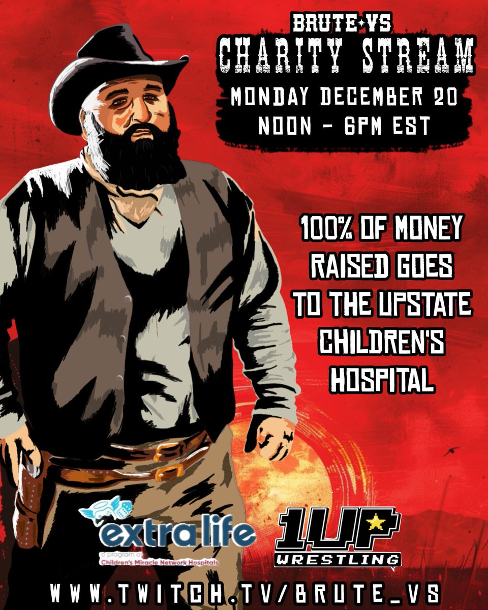 I'll be teaming with <a href="/1UpWrestling/">1UpWrestling</a> to help raise money to their goal of $500 to go to the Upstate Children's Hospital in Syracuse NY. All streams til 1/5/25 will be to raise donations &amp; this Monday I'll be playing all RDO Merry CTA starting noon EST. Twitch.tv/brute_vs