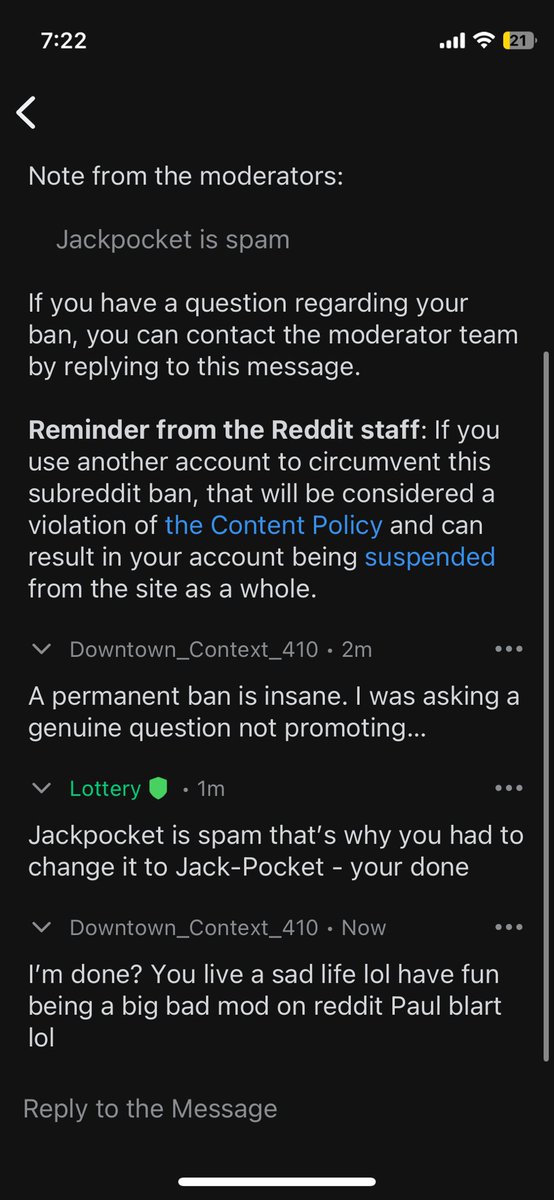 mindfreak127's tweet photo. This Reddit Mod must of felt like a big boy perming me and not giving me a warning or anything for asking a question 😂 #reddit #jackpocket https://t.co/BcrFJ6acVv