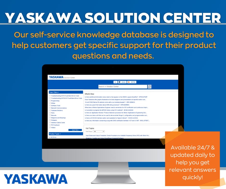 YASKAWA's tweet image. 📑#TechnicalSupport when you need it, right at your fingertips! Our Solution Center is your go-to resource for immediate, 24/7 answers. It’s the perfect tool to get the support you need &amp;amp; fast! Check out our holiday hours: go.yaskawa-america.com/vzybhxno

#Yaskawa #YaskawaSolutions #FAQs