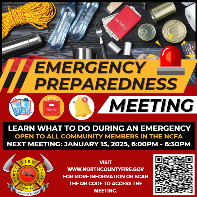 Know what to do during an emergency #EmergencyPreparedness. Visit northcountyfire.gov for more information or scan the QR code to access the meeting.