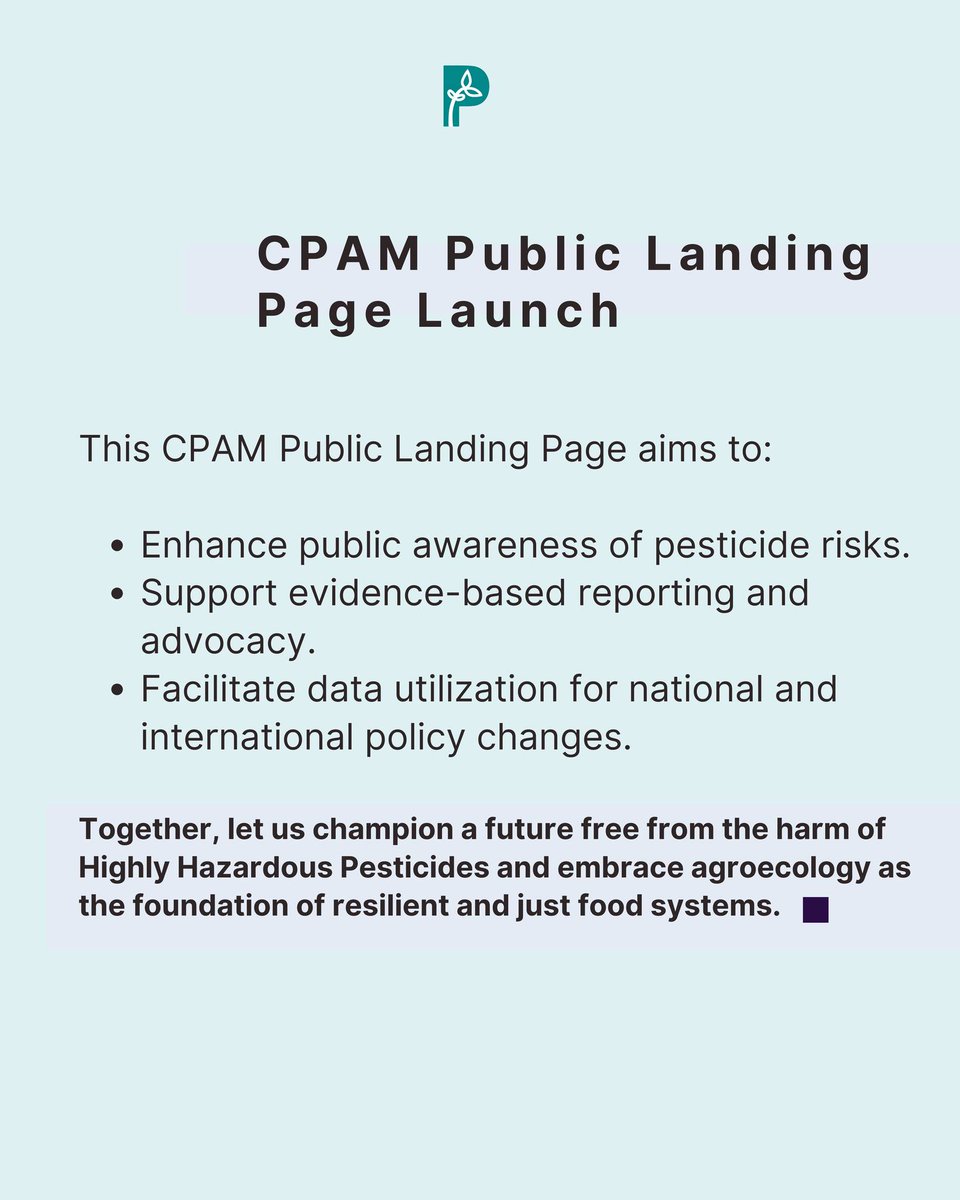 PANAsiaPacific's tweet photo. The CPAM Public Landing Page is LIVE! This groundbreaking platform empowers farming communities, researchers, and advocates by making key data publicly accessible while ensuring privacy and security.
#AgroecologyNow #PesticideFreeFuture
Visit: https://t.co/XJg4QgdsVk https://t.co/lp4i53I2ff