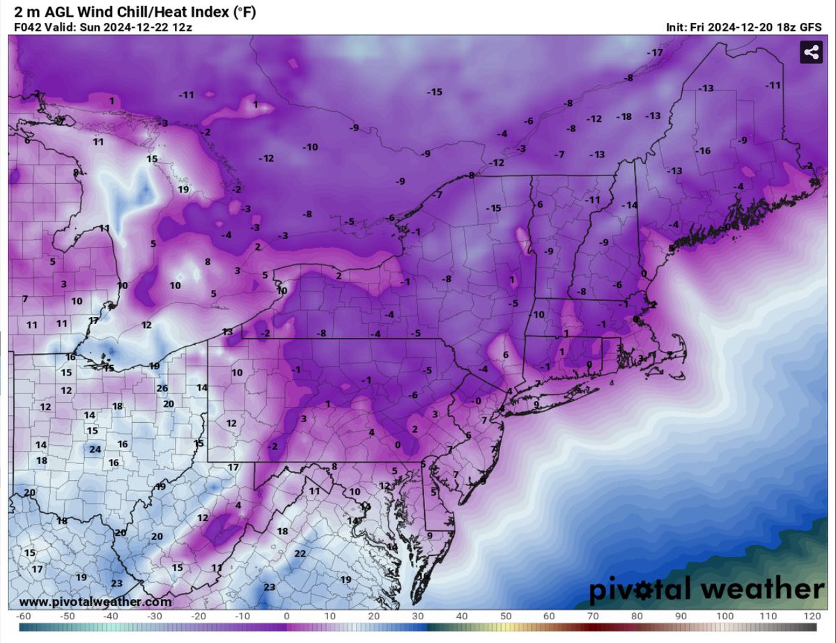 AnthonyDuarte03's tweet photo. Cold, Arctic air in combination with strong northwesterly winds with produce widespread single digit to subzero wind chills across the northeast on Sunday morning. How about feeling like 0°F in Boston, 4°F in NYC, and 7°F in Philadelphia?!
#windchills #northeast #singledigit #subzero