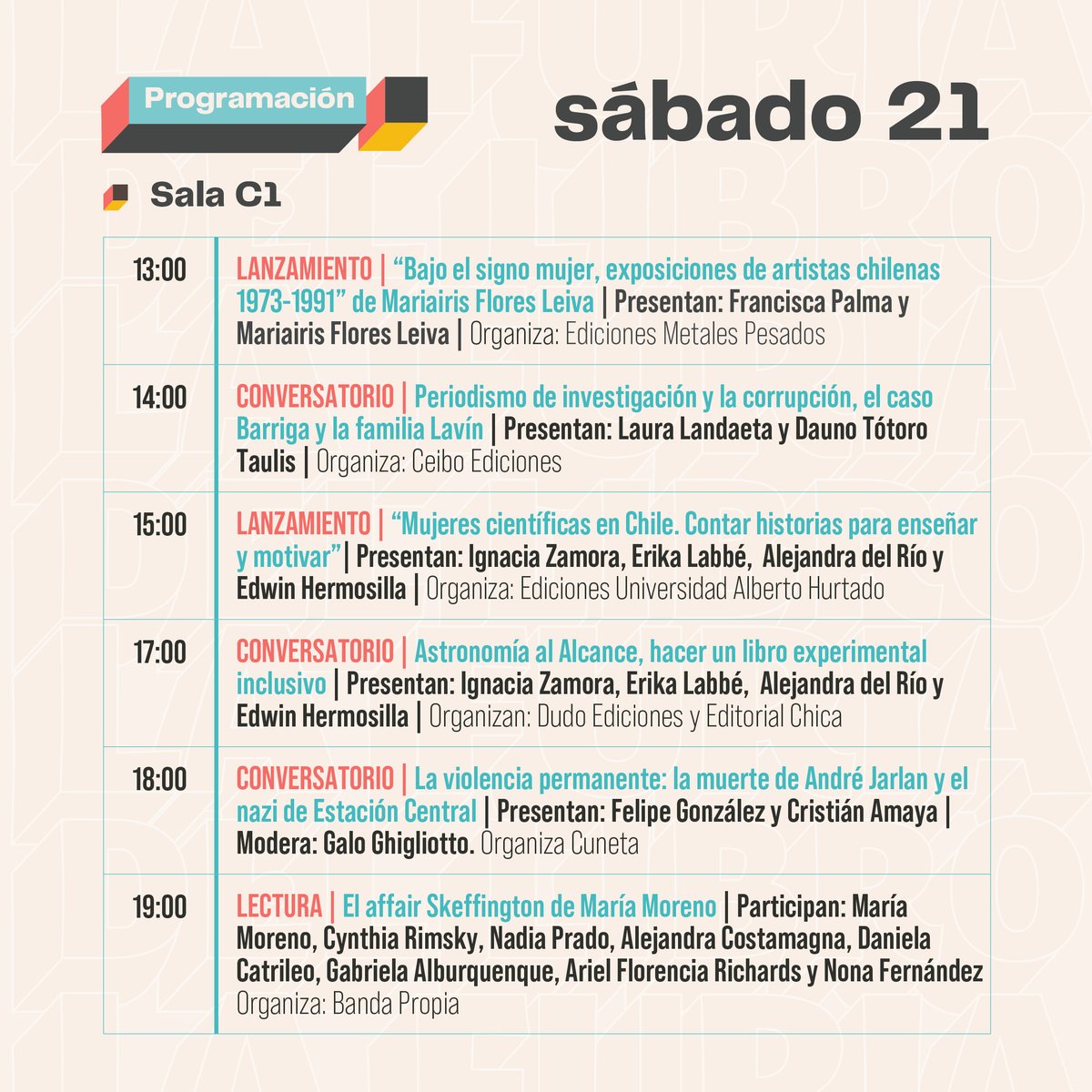 ¡Empieza el fin de semana y no hay excusas! ❤️‍🔥 Este sábado, de 11:00 a 21:00 hrs., tendremos un día lleno de actividades⚡️

🗓️ ¡Te invitamos a revisar la programación de este sábado!

👉🏼 Pueden revisar el detalle de cada actividad en lafuriadellibro.com/actividades