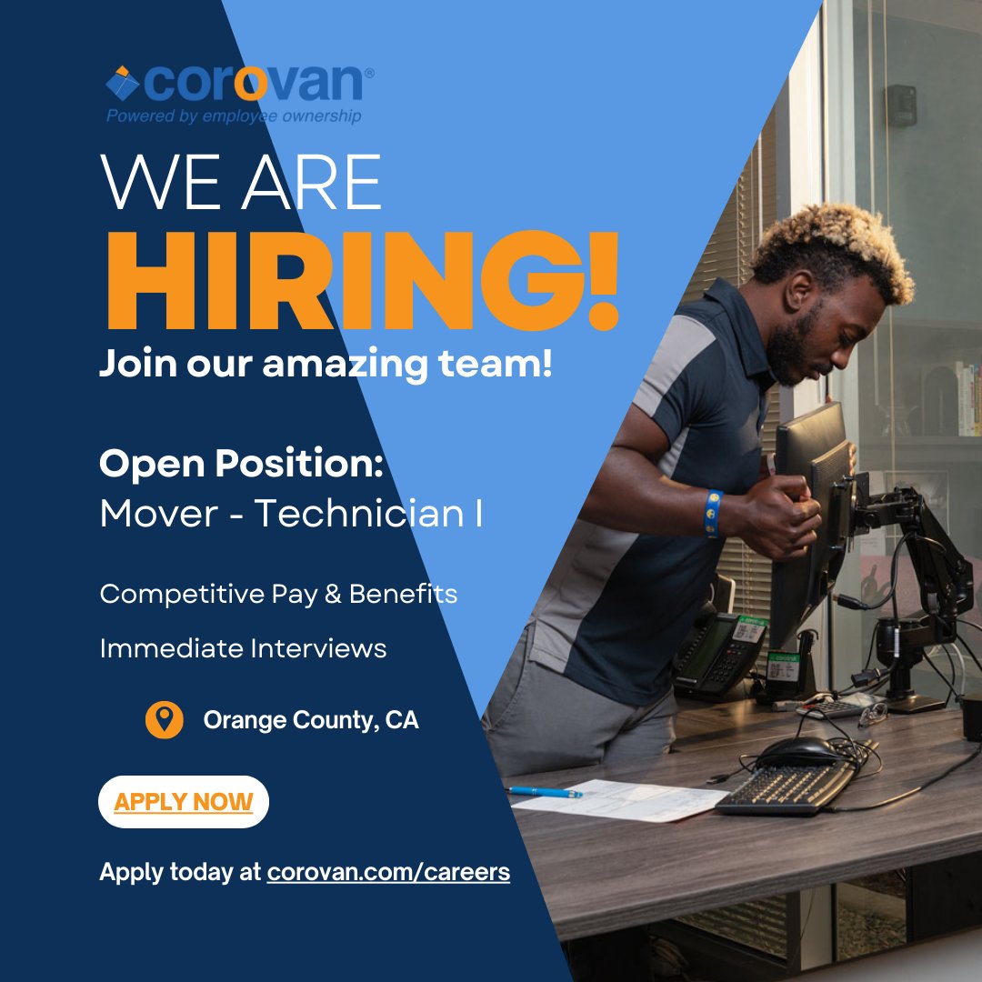 CorovanMoves's tweet image. Corovan is Hiring Mover - Technicians! Get moving with a hands-on role in Orange County. We offer competitive benefits and career growth. Apply today, and with questions, reach out to Salvador Sandoval at (714) 471-7927. #CorovanCareers #MovingTeam 
ow.ly/4FUs50UrXVS