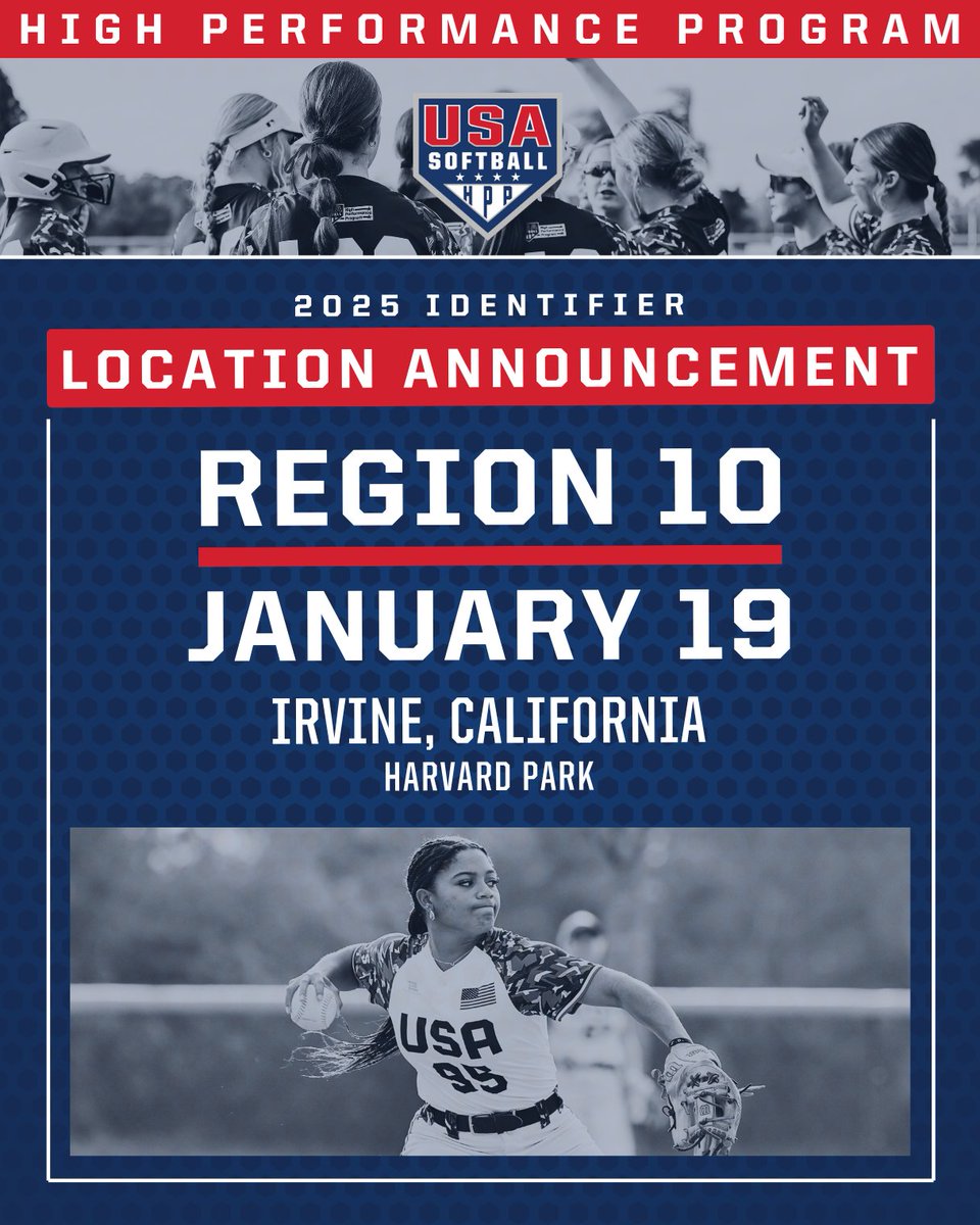 USA Softball (@usasoftball) on Twitter photo Check out this 𝘂𝗽𝗰𝗼𝗺𝗶𝗻𝗴 #HPP Identifier ⤵️
🥎 Region 10 #HPP Identifier — Irvine, California
🗓️ January 19, 2025
𝙍𝙚𝙜𝙞𝙨𝙩𝙚𝙧 𝙣𝙤𝙬 → go.usasoftball.com/hpp0119
<a href="/USASoftbalSoCal/">USA Softball SoCal</a> | #USASoftball Check out this 𝘂𝗽𝗰𝗼𝗺𝗶𝗻𝗴 #HPP Identifier ⤵️
🥎 Region 10 #HPP Identifier — Irvine, California
🗓️ January 19, 2025
𝙍𝙚𝙜𝙞𝙨𝙩𝙚𝙧 𝙣𝙤𝙬 → go.usasoftball.com/hpp0119
<a href="/USASoftbalSoCal/">USA Softball SoCal</a> | #USASoftball