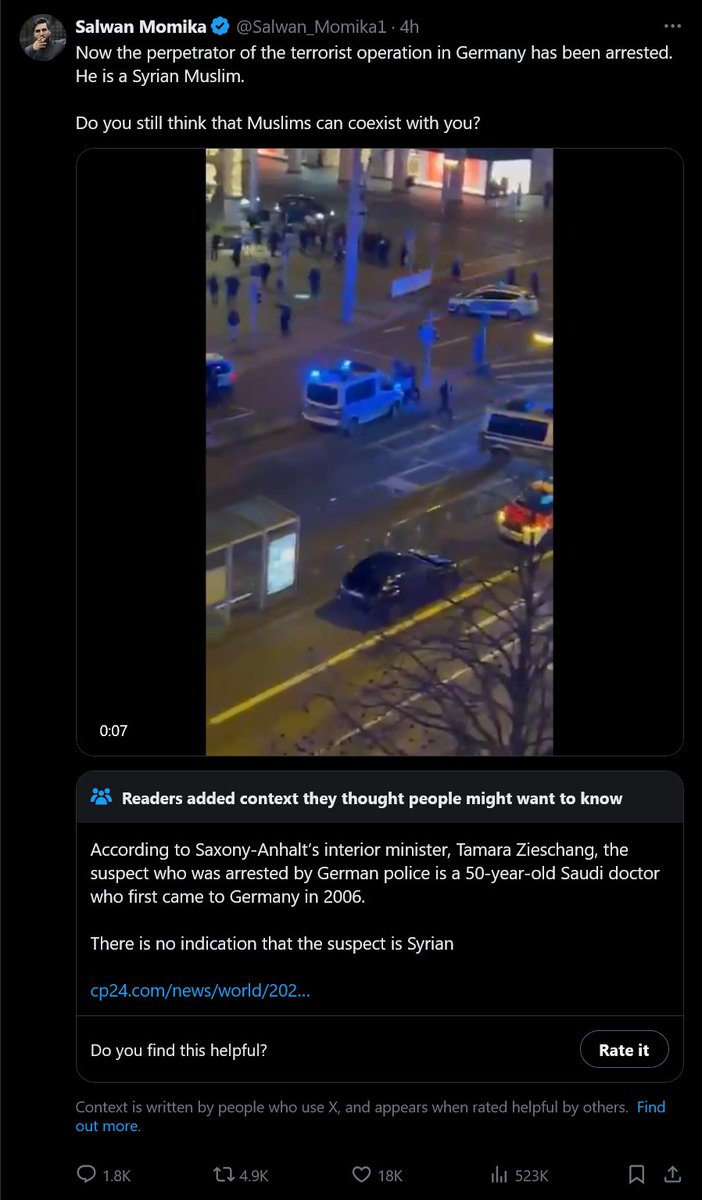 vpressfeldt's tweet photo. Koranbrännaren Salwan Momika sprider desinformation om att gärningsmannen är syrisk muslim. I själva verket förefaller det röra sig om en AfD-sympatisör med rötter i Saudiarabien som hatar muslimer och som nyligen spridit ingen mindre än Momikas inlägg. https://t.co/s0xxoVQ0Ws