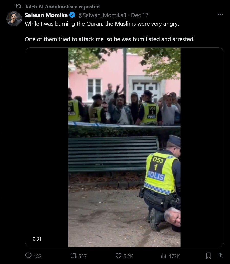 vpressfeldt's tweet photo. Koranbrännaren Salwan Momika sprider desinformation om att gärningsmannen är syrisk muslim. I själva verket förefaller det röra sig om en AfD-sympatisör med rötter i Saudiarabien som hatar muslimer och som nyligen spridit ingen mindre än Momikas inlägg. https://t.co/s0xxoVQ0Ws