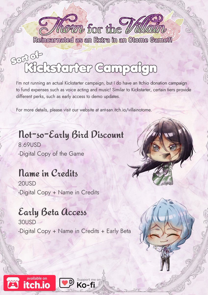 Antares252's tweet image. [Not-Really-KICKSTARTER]

"I am NOT marrying the villain...!"

"Thorn for the Villain~ Reincarnated as an Extra in an Otome Game?!" has been running a Kickstarter-esque campaign on Itchio and Ko-Fi!

#otome #otomeisekai #otometwt

Details below👇(RTs appreciated💖)