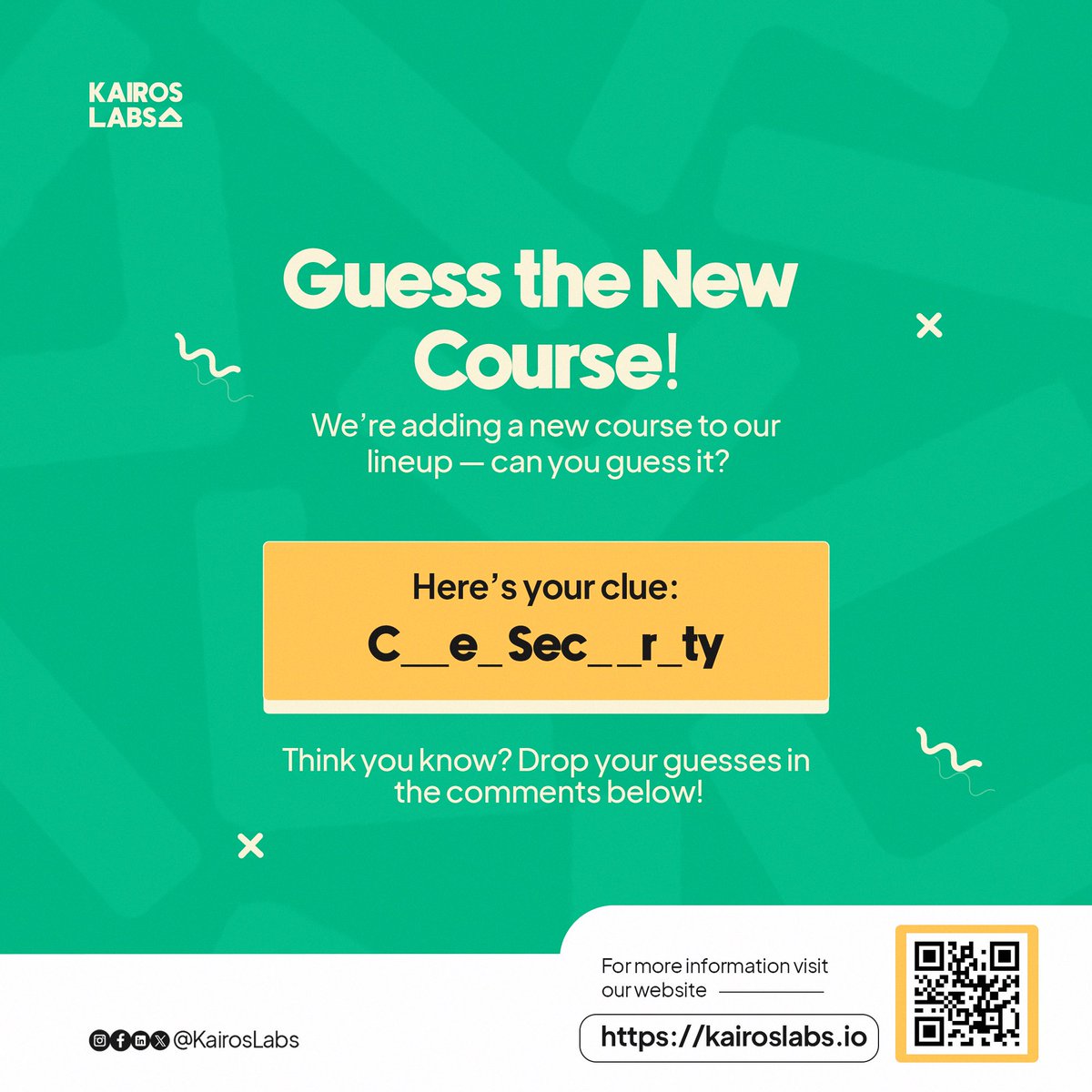 Kairoslabs_io's tweet image. Another weekend is here, let’s make it fun! 

Can you crack the code? A new course is coming to KairosLabs! Drop your guesses in the comments below!

#GuessTheCourse #KairosLabs #TechEducation #Tech #Bootcamp