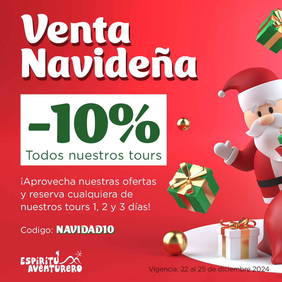 ✨ ¡Tus próximas aventuras están a un clic de distancia!

💚 Reserva tu tour favorito con 10% de descuento y celebra la Navidad viajando.

🌲 Los mejores recuerdos se crean en movimiento. 🎒

CHECA NUESTROS TOURS NACIONALES 🌍 esav.link/3E 🌍 

Código 'NAVIDAD10' al