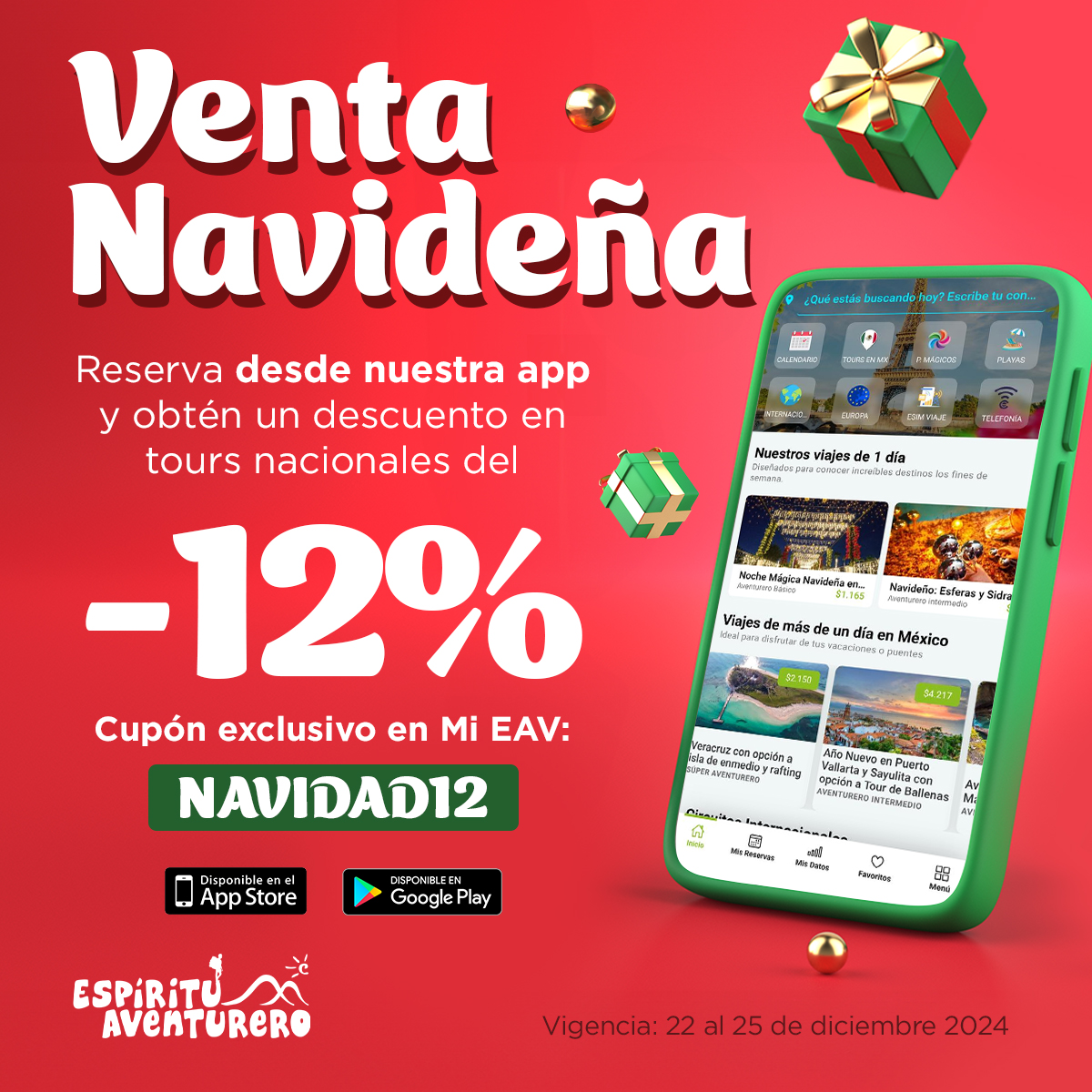 🎁✨ ¡Esta Navidad, regálate experiencias inolvidables!
🌟 Reserva desde nuestra app y disfruta un 12% de descuento en tours nacionales.
🚀 Los mejores momentos se viven viajando.
🔑 Cupón exclusivo: 'NAVIDAD12'
📲 Descarga la app y empieza la aventura: Mi EAV
🎄 Válido del 22 al