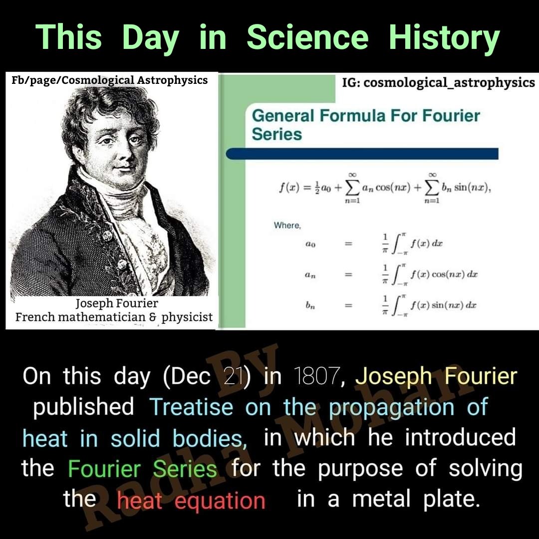 RADHAMOHANKUNWA's tweet photo. This Day in Science History -

(December 21)

#OTD in 1807, The great Joseph Fourier's Mémoire sur la propagation de la chaleur dans les corps solides (Treatise ....), was read to the Paris Institute, an important mathematical work, containing what we now call #FourierSeries. https://t.co/AWmHGtElOV