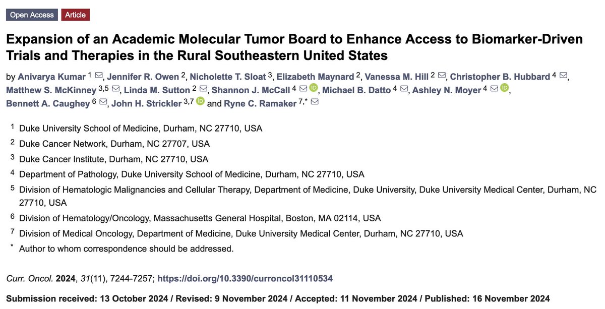 Molecular tumor boards can enhance patient access to specialized oncology expertise, but logistical challenges persist in successfully enrolling patients onto molecular-driven clinical trials - a <a href="/DukeCancer/">Duke Cancer</a> experience. <a href="/MDPIOpenAccess/">MDPI</a> 

mdpi.com/1718-7729/31/1…