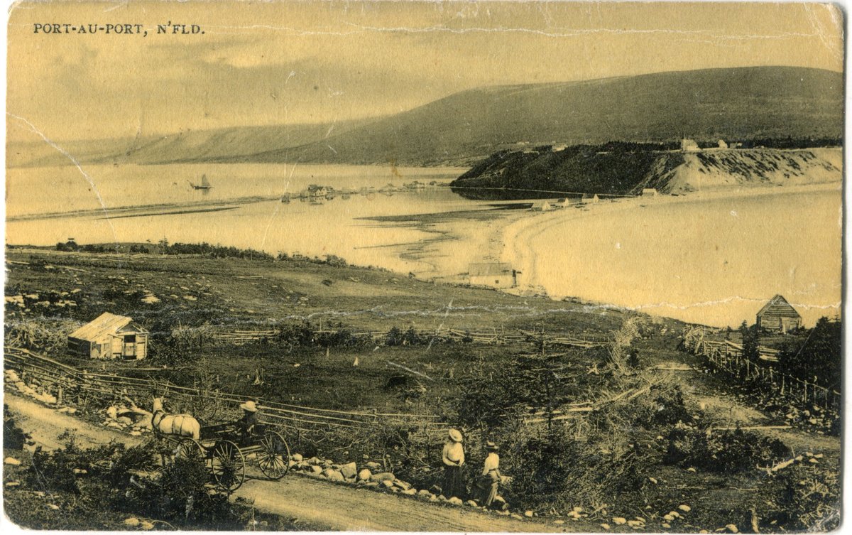"Port-au-Port, N'fld.", a Dicks &amp; Co. Newfoundland Souvenir Post Card, posted with a T.P.O. cancel on 7 January 1910 to Dorchester, Massachusetts. With New Year's greetings. The Port-au-Port Peninsula is on the west coast of the Island of Newfoundland.