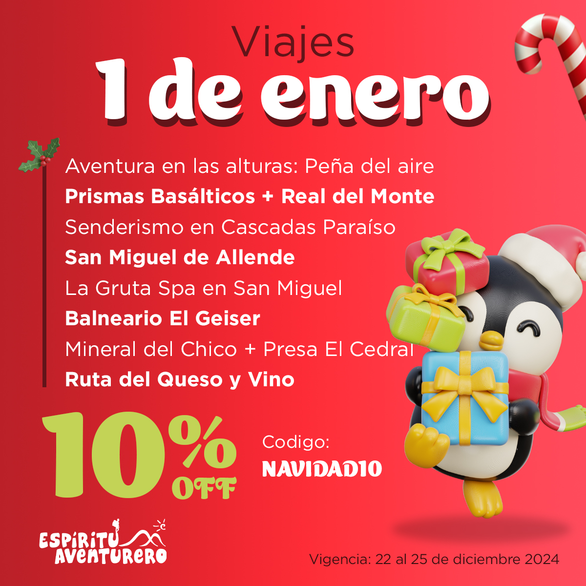 ✨🌟 ¡Comienza el 2025 con experiencias inolvidables! 🌟✨

El 1 de enero es perfecto para redescubrir México con nuestras increíbles rutas.

🌿 Senderos mágicos, 🏞️ paisajes únicos y 🧳 aventuras listas para ti.

🎁 10% de descuento con el código: NAVIDAD10 al reservar: