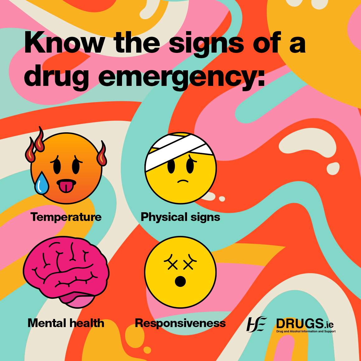Look after yourself and care for others if using drugs tonight.   

Know the signs of an emergency and don't be afraid to get help if you or a friend become unwell after using drugs.  

Go straight to the ED or call 999 or 112 if you suspect an overdose.