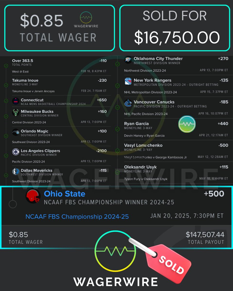 🚨💰$0.85 CENT PARLAY SOLD FOR $16,750!💰🚨

<a href="/unitmetric/">UnitUpper</a> turned $0.85 into an epic 14-leg parlay with +17 MILLION odds (+17353716). With 13 legs hitting, the final leg hinges on Ohio State Football winning the College Football Playoff

After a rollercoaster few weeks, he sold the