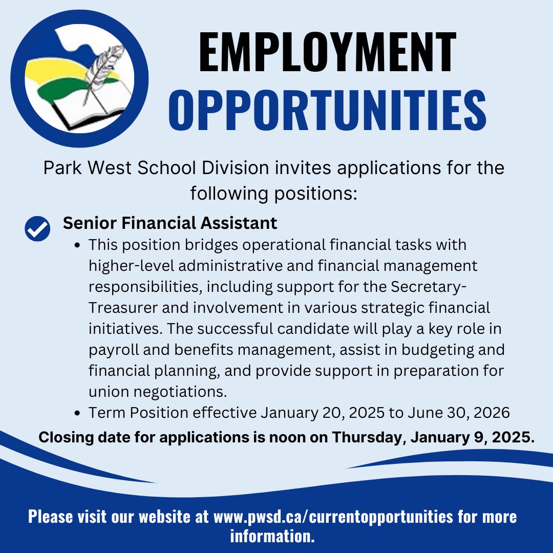 ParkWestSD's tweet photo. Be sure to check out our current Employment Opportunities within Park West School Division. 

For more information about these positions please visit our website at https://t.co/hZlfhYZTNM https://t.co/5TDxqCI7br