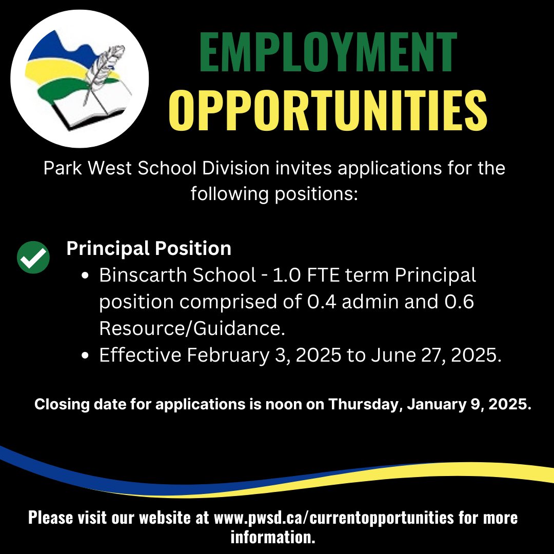 ParkWestSD's tweet photo. Be sure to check out our current Employment Opportunities within Park West School Division. 

For more information about these positions please visit our website at https://t.co/hZlfhYZTNM https://t.co/5TDxqCI7br