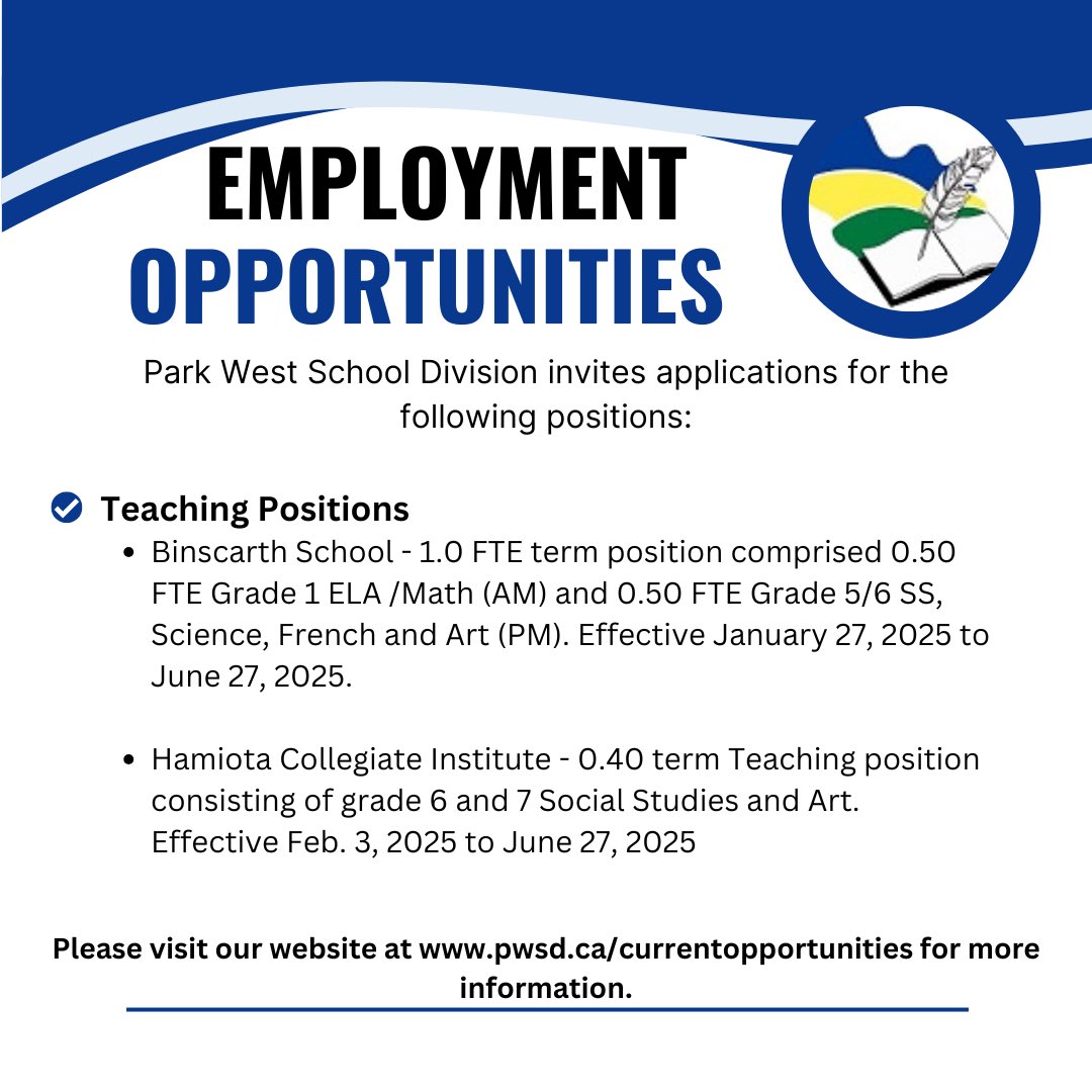 ParkWestSD's tweet photo. Be sure to check out our current Employment Opportunities within Park West School Division. 

For more information about these positions please visit our website at https://t.co/hZlfhYZTNM https://t.co/5TDxqCI7br