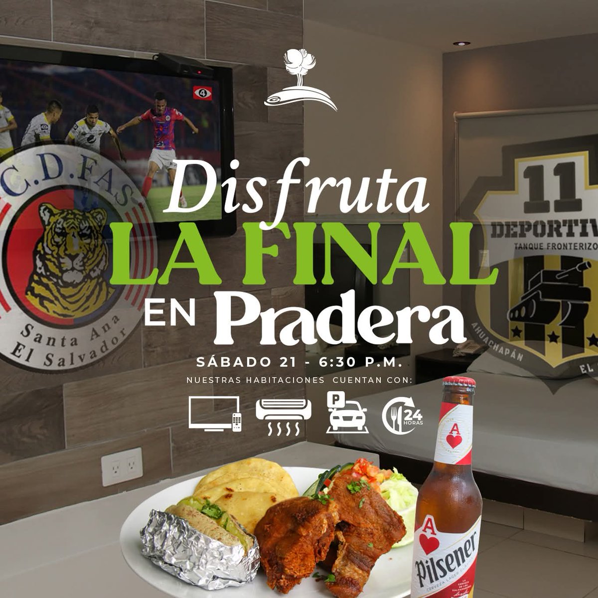 praderasv's tweet photo. ⚽🎉 La final se vive mejor en Pradera. Si no conseguiste entradas, ven mañana a disfrutar el partido FAS vs Once Deportivo súper cómodo, con aire acondicionado y con  comida y bebida a toda hora

#Pradera #ElSalvador #NuevosMomentos #Suites  #GraciasPor30Años  #hotel https://t.co/y7bJipRdpR
