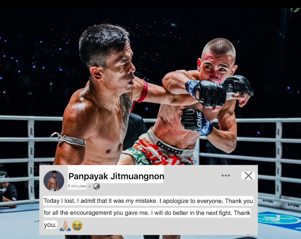 TetsuyaMT789's tweet photo. Panpayak apologizes to the fans for losing last night.
“Today I lost. I admit that I made a mistake. I apologize to everyone. Thank you for all the encouragement you gave me. I will do better in the next fight. Thank you. 🙏🏻😭”
#ONEFridayFights92 https://t.co/cRVCmOCVzP