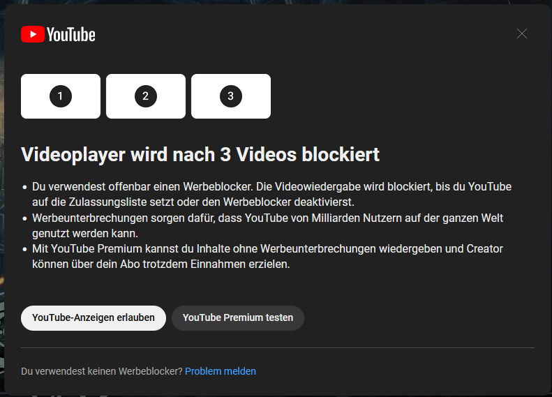 TMonsterlord's tweet photo. Soo, let me get this straight. #YouTube now forces their overpriced Subscription onto people by blocking the video player fully after three videos of add Freedom that is not the subscription? Yeah, I pass, I'd rather leave @YouTube altogether then to bother with that bullshit. https://t.co/Z5hs4kwI3y