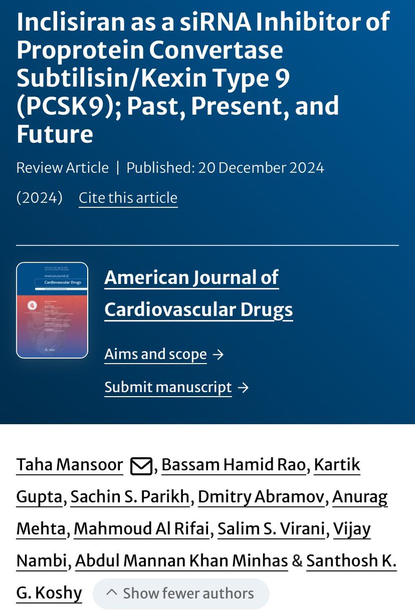 Taha Mansoor (@tahamansoor95) on Twitter photo Our comprehensive review of Inclisiran as an siRNA PCSK9 inhibitor published in the American Journal of Cardiovascular Drugs 🫀
Grateful for the mentorship of <a href="/krtkgpt/">Kartik Gupta</a> <a href="/SachinParikhMD/">Sachin Parikh</a> <a href="/DmitryAbramovMD/">Dmitry Abramov</a> <a href="/amehta_09/">Anurag Mehta</a> <a href="/virani_md/">Salim Virani</a> <a href="/vijay_nambi/">vijay nambi</a> <a href="/AbdulMannan5465/">Abdul Mannan Khan Minhas</a>
link.springer.com/article/10.100… Our comprehensive review of Inclisiran as an siRNA PCSK9 inhibitor published in the American Journal of Cardiovascular Drugs 🫀
Grateful for the mentorship of <a href="/krtkgpt/">Kartik Gupta</a> <a href="/SachinParikhMD/">Sachin Parikh</a> <a href="/DmitryAbramovMD/">Dmitry Abramov</a> <a href="/amehta_09/">Anurag Mehta</a> <a href="/virani_md/">Salim Virani</a> <a href="/vijay_nambi/">vijay nambi</a> <a href="/AbdulMannan5465/">Abdul Mannan Khan Minhas</a>
link.springer.com/article/10.100…