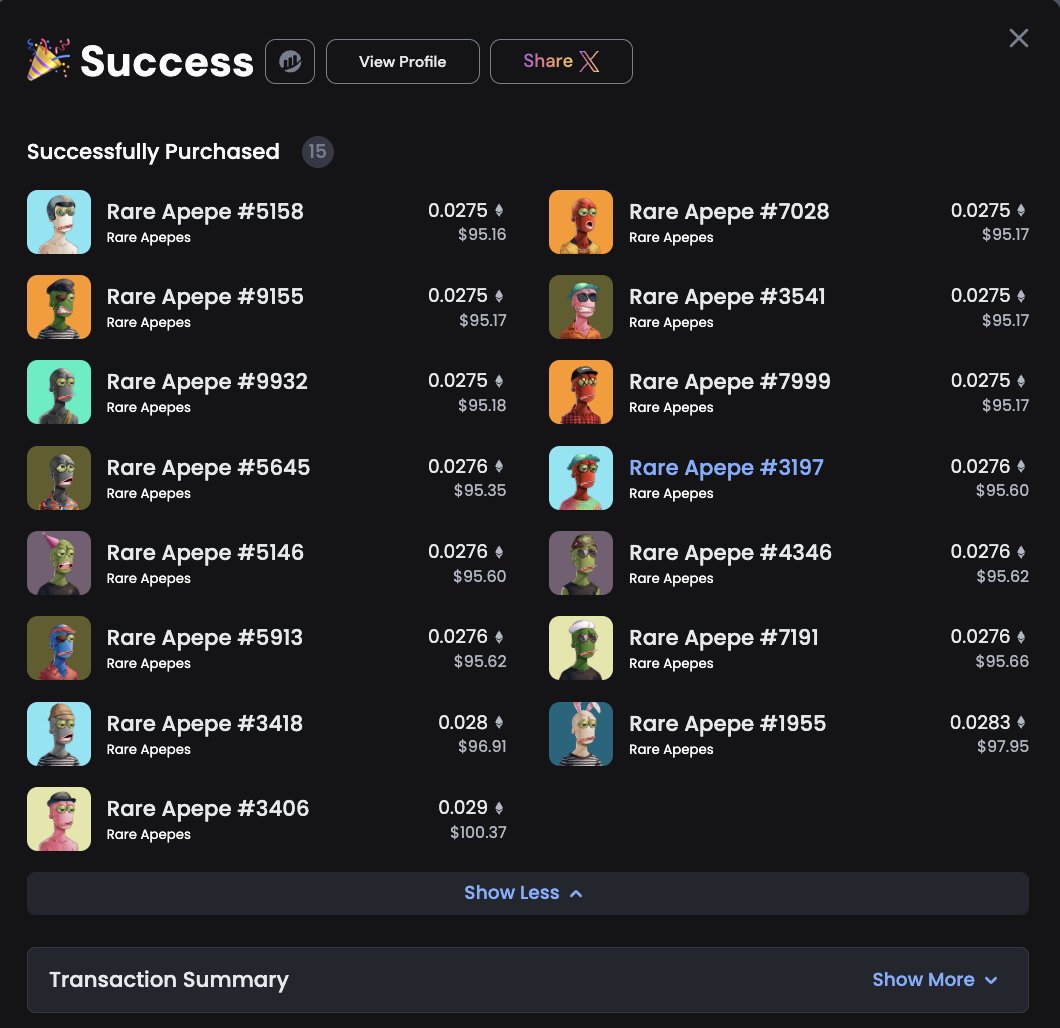 By now, we have already established that I'm not normal. 
Shout out to those who decided to join me in my madness. We're gonna have some good, crazy times. 
Time to onboard more frogs🐸
I swept the <a href="/RareApepesNFT/">Rare Apepes</a> floor
🛒Bought: 15 items for 0.415972 ETH
 pro.opensea.io/collection/rar…