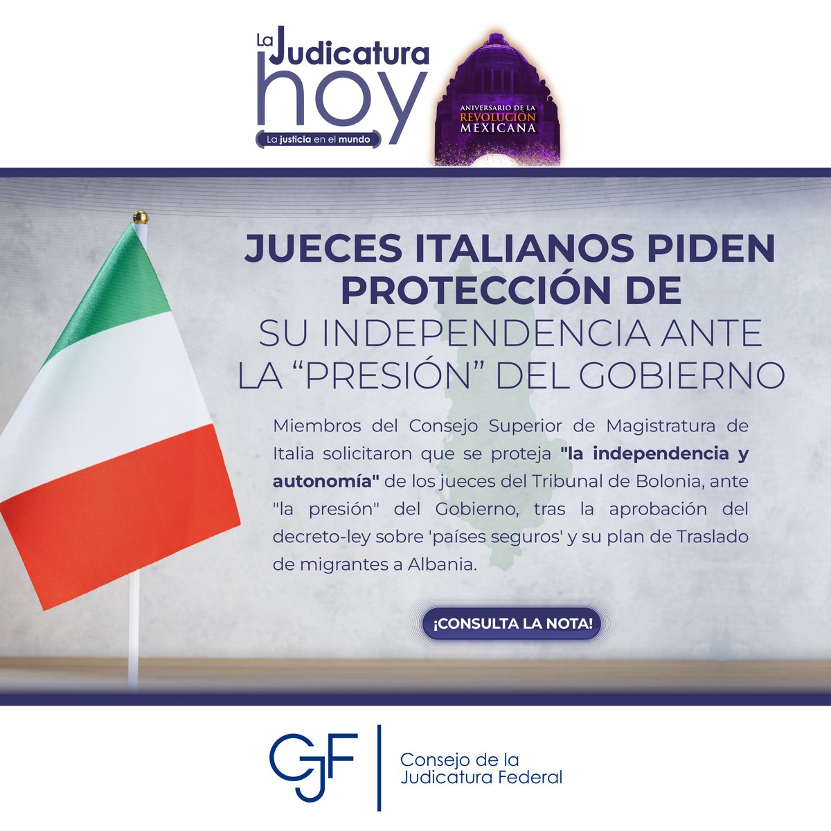 OAJ_Mex's tweet photo. #LoMásLeído | En Italia, tras la aprobación del decreto-ley de #PaísesSeguros, juezas y jueces piden independencia ante presión del gobierno 🇮🇹.

👉 Nota completa en: https://t.co/r85hXNLw3c https://t.co/H2ffFkVIQb