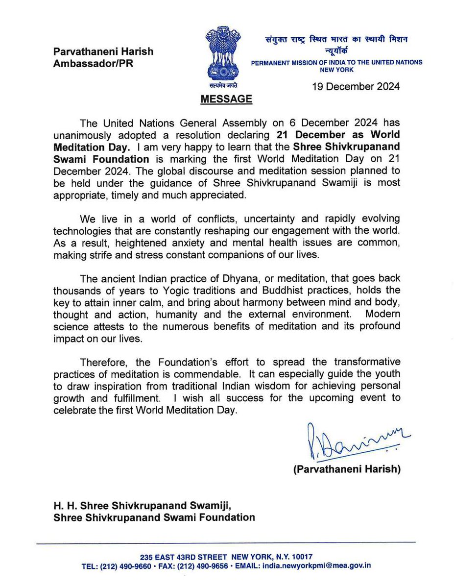 HimalayinYogi's tweet photo. ✨ 30 years of spreading the path of Meditation #TrueYog to achieve the vision of #VasudhaivaKutumbakam.
Grateful to @UN @UNinIndia for the joint effort of providing meditation a separate platform 🙏.Honored to contribute @AmbHarishP. #WorldMeditationDay. Celebration on YouTube✨ https://t.co/NUkxjz8omN