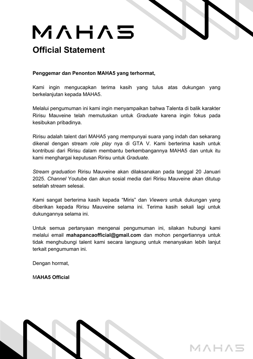 maha5official's tweet photo. Pengumuman terkait talent Ririsu Mauveine https://t.co/vPumYPABKn