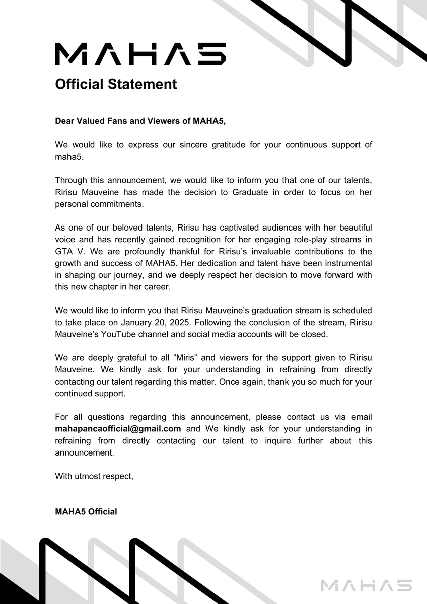 Pengumuman terkait talent Ririsu Mauveine