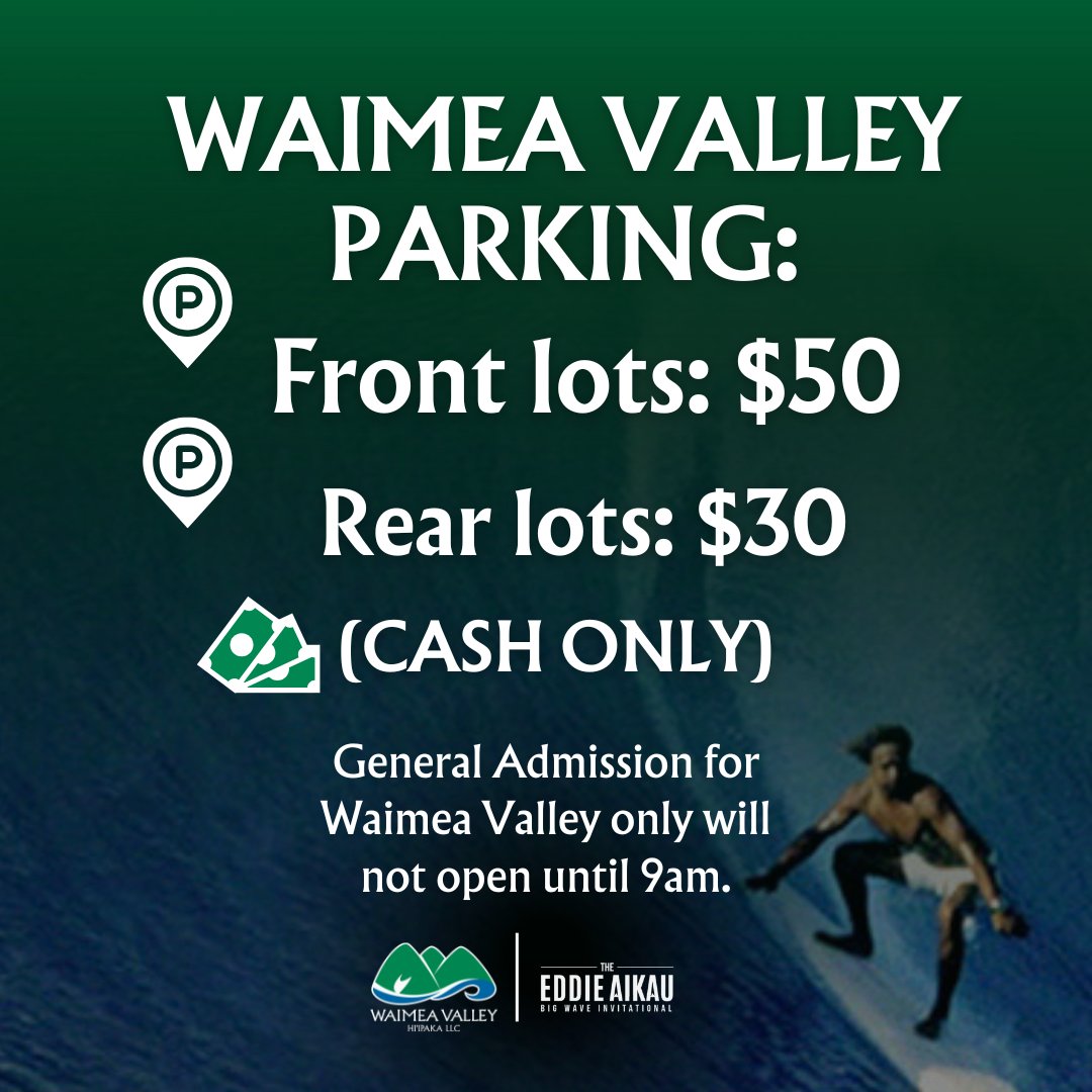 During the Eddie Aikau Big Wave Invitational, Waimea Valley will open its parking lots, and services, to those attending the competition. As a proud sponsor of the Eddie, Waimea Valley is glad to remain open on Sunday and to provide on-site parking for the contest.