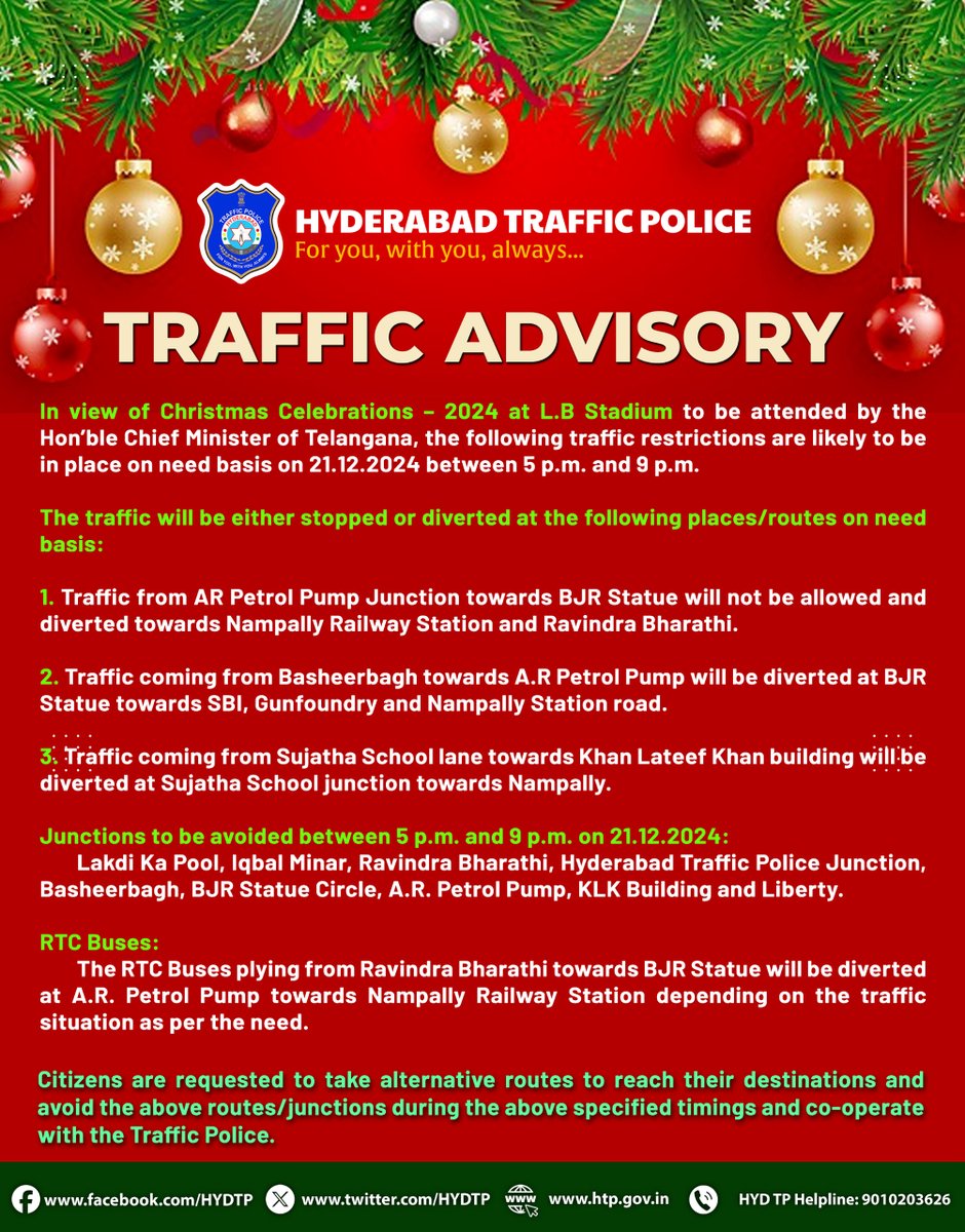 HYDTP's tweet photo. #HYDTPinfo #TraffiAlert 
Commuters, please make a note of #TrafficAdvisory ​in view of #Christmas2024 Celebrations at #LBStadium to be attended by the Hon’ble Chief Minister of Telangana on 21.12.2024 between 5 p.m. and 9 p.m.
#TrafficRestrictions #TrafficDiversions https://t.co/mWLzhhrI7i
