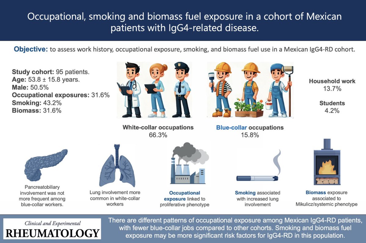 drlalonares's tweet photo. 👨🏻‍🏭👩🏽‍🌾👷🏽 Blue-collar work was suggested as a risk factor for developing #IgG4RD in 🇳🇱 &amp; 🇬🇧

👉🏼We assessed work history, occupational exposure, smoking, and biomass fuel use in a Mexican IgG4-RD cohort 🇲🇽

@clinexprheum 

https://t.co/jq5daHiXOB https://t.co/ubiZa3KuTZ