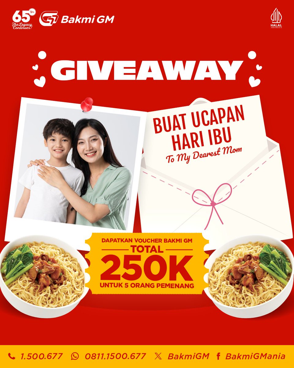 BakmiGM's tweet photo. 🎉 Giveaway Spesial Hari Ibu🎉
Punya pesan manis untuk Ibu tercinta? 🥰
Yuk, tulis ucapan Hari Ibu versi kamu di reply! 💌
Good luck, GMania!
#BakmiGM #zonauang #Halal #giveaway #Delivery #DeliveryPromo #FoodDeliveryJakarta #giveawaytime #giveawayalert #HappyMothersDay https://t.co/va2ypO6D04
