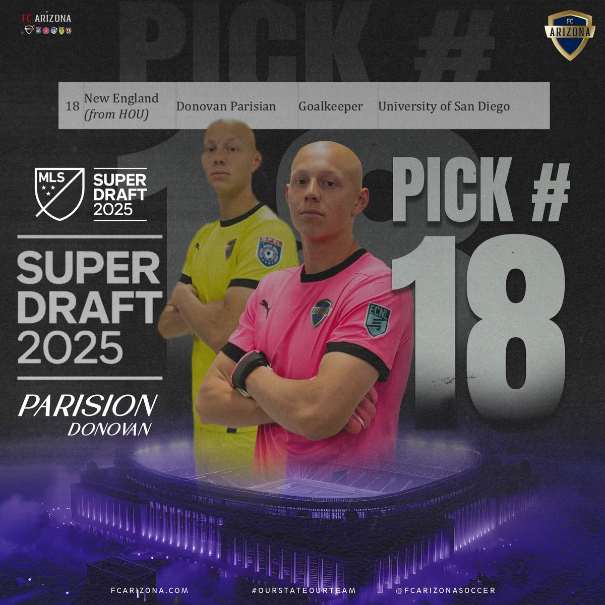 🎉 We are thrilled to announce that one of our very own, Donovan Parisian, has been selected in the 2025 MLS SuperDraft by New England with the 18th pick! 🌟 #ourstateourteam #fcaz