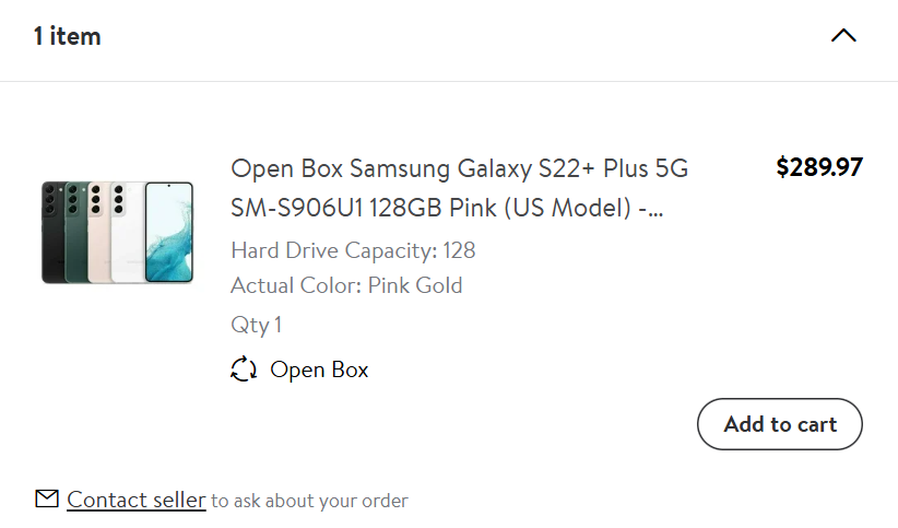 f51lv10's tweet photo. @Walmart Today I ordered online the item of the photo (Open Box S22+ 5G SM-S906U1 128GB Pink - Unlocked), paying $289.97 with my credit card...
... BUT THE ORDER WAS CANCELLED!

When I try to rebuy the cell phone, THE PRICE WENT UP TO $350!
What should I do to get what I bought? https://t.co/kHED6p6J2c