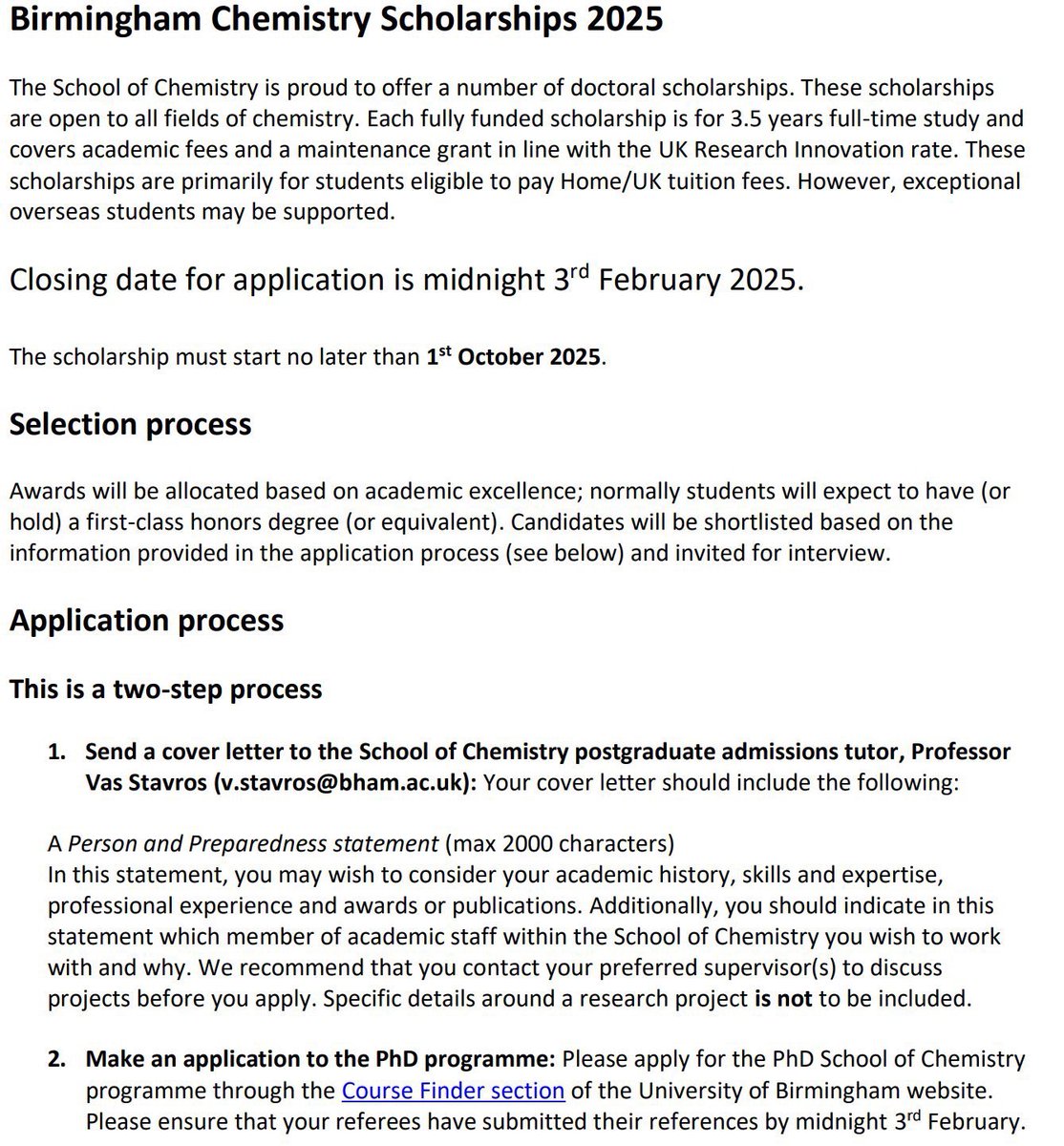 ObengCosmos's tweet photo. Birmingham Chemistry Scholarships 2025
The School of Chemistry is proud to offer a number of doctoral scholarships. These scholarships are open to all fields of chemistry. https://t.co/6o01NTUh4r
