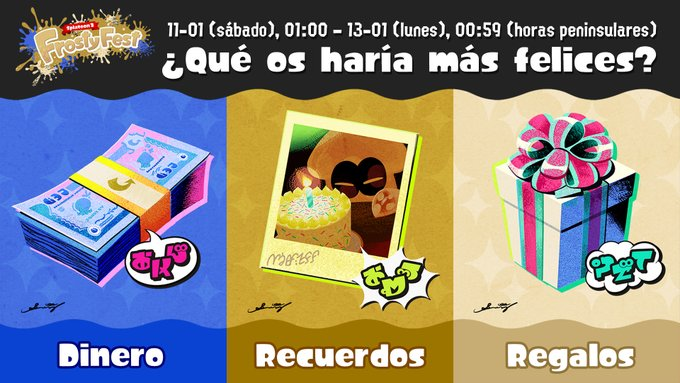 Rayan_BGT's tweet photo. ¡El frosty fest se acerca!
El splatfest sera en enero con la tematica ¿Qué os haria más felices? y los equipos a elegir son: Dinero vs Recuerdos vs Regalos.
#Splatoon3 #Splatfest https://t.co/bq2GDPm1qO