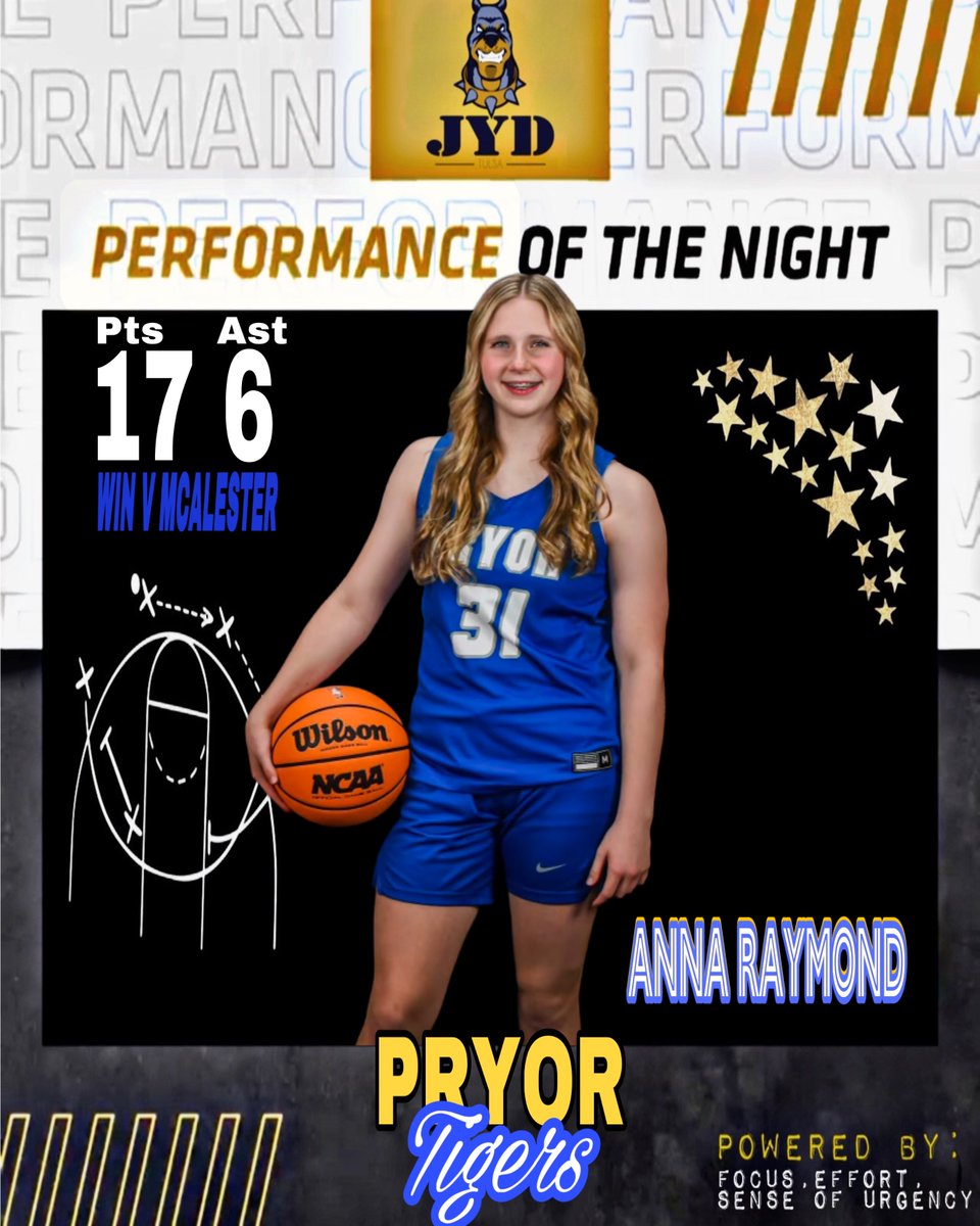 Tulsa JYD Girls Basketball Club (@jydbasketball) on Twitter photo Our PON goes to 2027 Anna Raymond | <a href="/AnnaRaymond31/">Anna Raymond</a> of the Pryor Tigers. Anna scored 17 points with 6 assists in a win over the McAlster Buffaloes. She also had 5 rebounds and 4 steals in the win.
Way to Rep the Brand, Anna! You definitely have that #jydDNA Our PON goes to 2027 Anna Raymond | <a href="/AnnaRaymond31/">Anna Raymond</a> of the Pryor Tigers. Anna scored 17 points with 6 assists in a win over the McAlster Buffaloes. She also had 5 rebounds and 4 steals in the win.
Way to Rep the Brand, Anna! You definitely have that #jydDNA