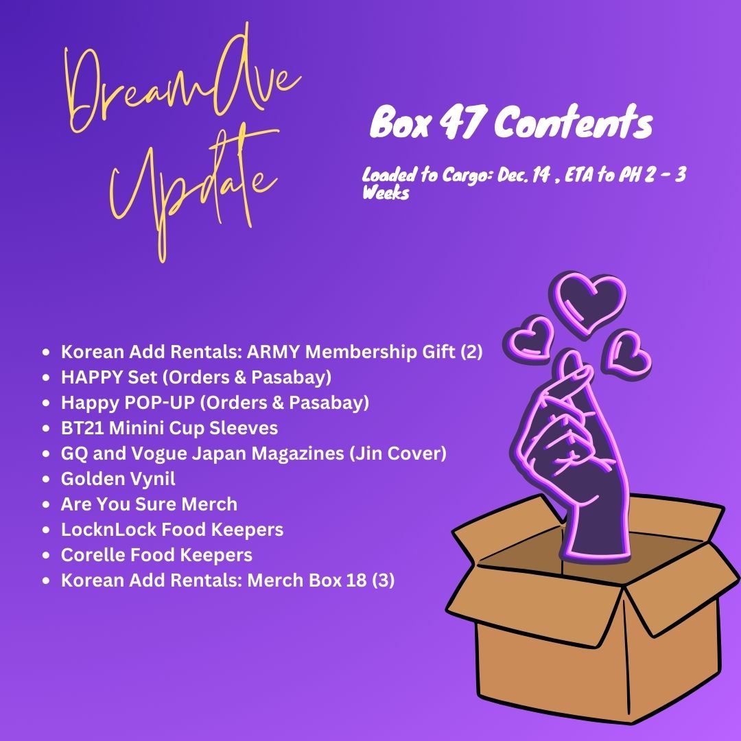 dreamaveph's tweet photo. #DreamAveUpdate

Box 47

In Transit na po ito to PH - last update from GSK Website - loaded po sa cargo last dec. 14

We expect some delays po this season, but hopefully di naman po malala ang delay

We sincerely apologize for being unresponsive this past few days. 

1/3 https://t.co/xnxx8fisMs