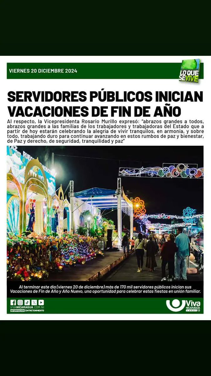 Más de 170 mil servidores públicos inician sus Vacaciones de Fin de Año y Año Nuevo, una oportunidad para celebrar estas fiestas en unión familiar.
#Nicaragua
 #LoQueSeVive